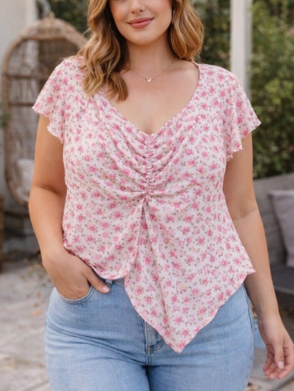 Shein Curve Pink White Floral Sheer Mesh Blouse Top XL Boho Coquette Cottagecore